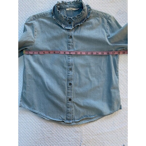 Mi Ami XS Light Wash Denim Ruffle High Neck Blouse Victorian Western Cottagecore - Picture 4 of 7